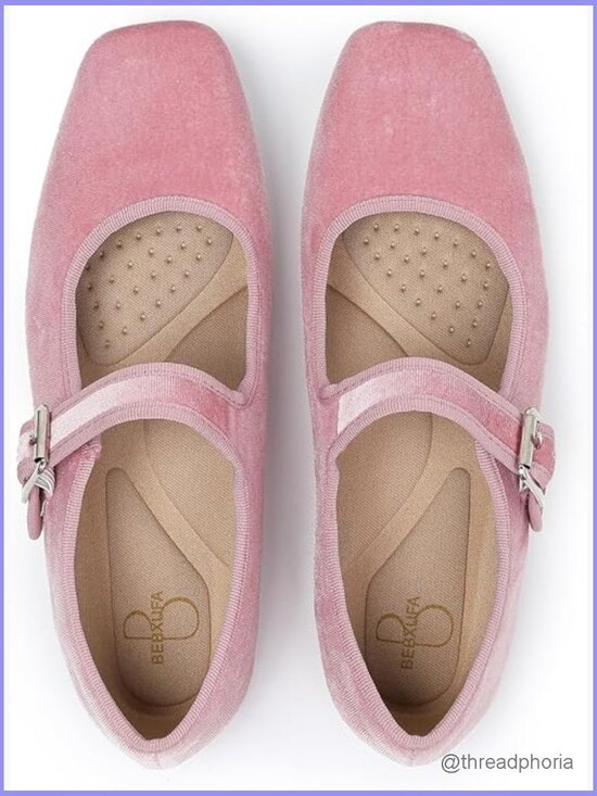 Shoes - Square Toe Ballet Flats with Adjustable Strap Slip On Work Flats